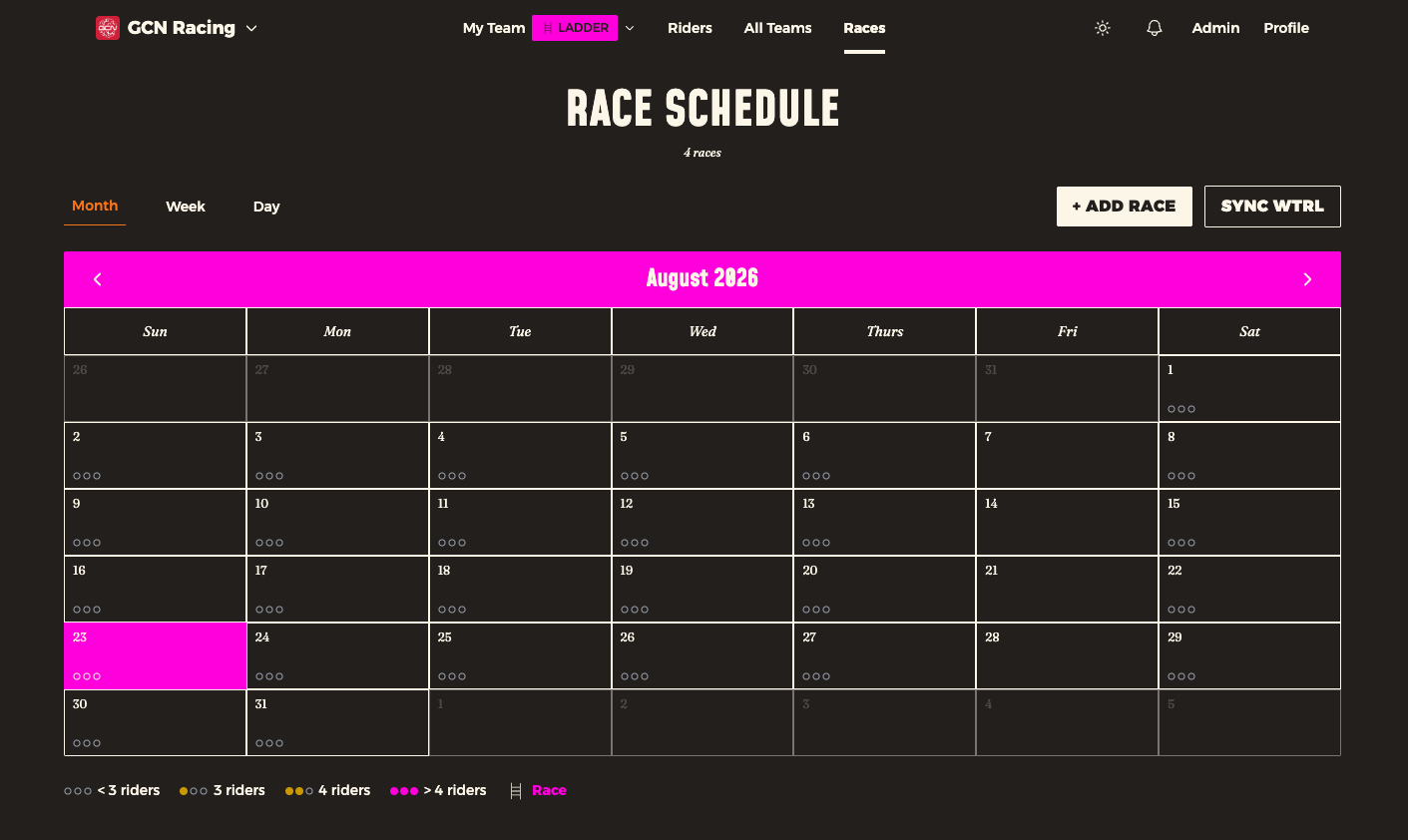 The race calendar month view