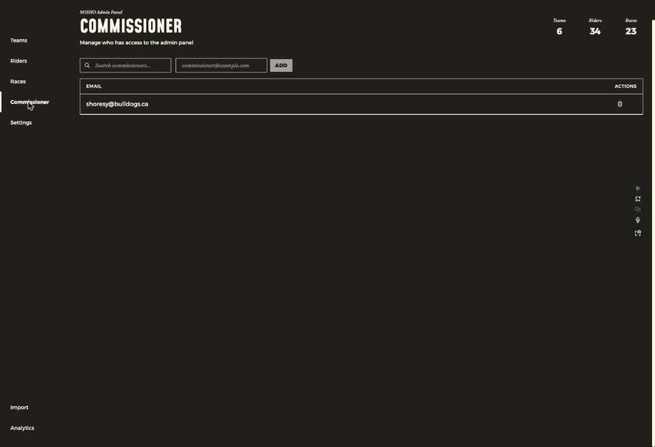 The commissioner page showing an email field, an Add button and the list of commissioners