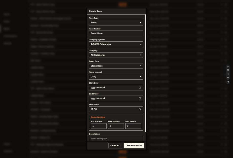 The create race modal set to Stage Race showing interval, start date and end date
