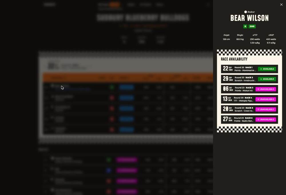The rider curtain showing a rider's details and upcoming availability