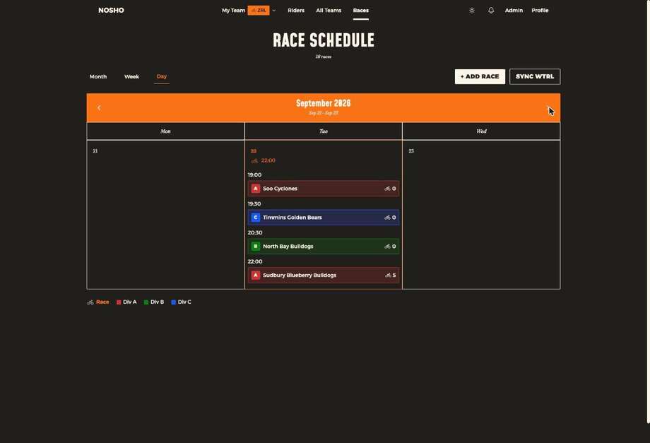 The day view showing four clubs racing at different times with rider counts