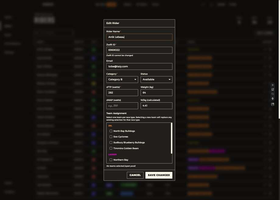 The edit rider modal showing details, status and team assignment grouped by race type
