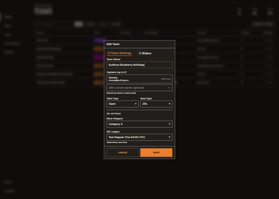 The edit team modal showing team name, captains, team type, race type, category and league