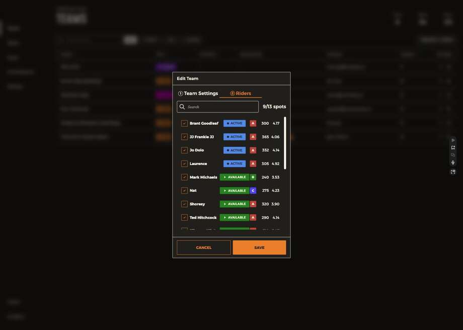 The riders tab showing a checkbox list of riders with statuses and a spots counter