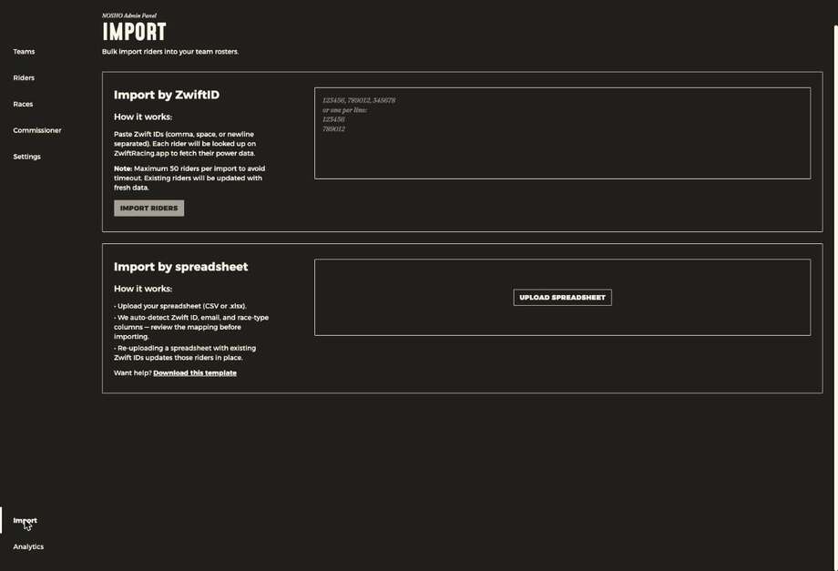 The import page showing import by Zwift ID and import by spreadsheet