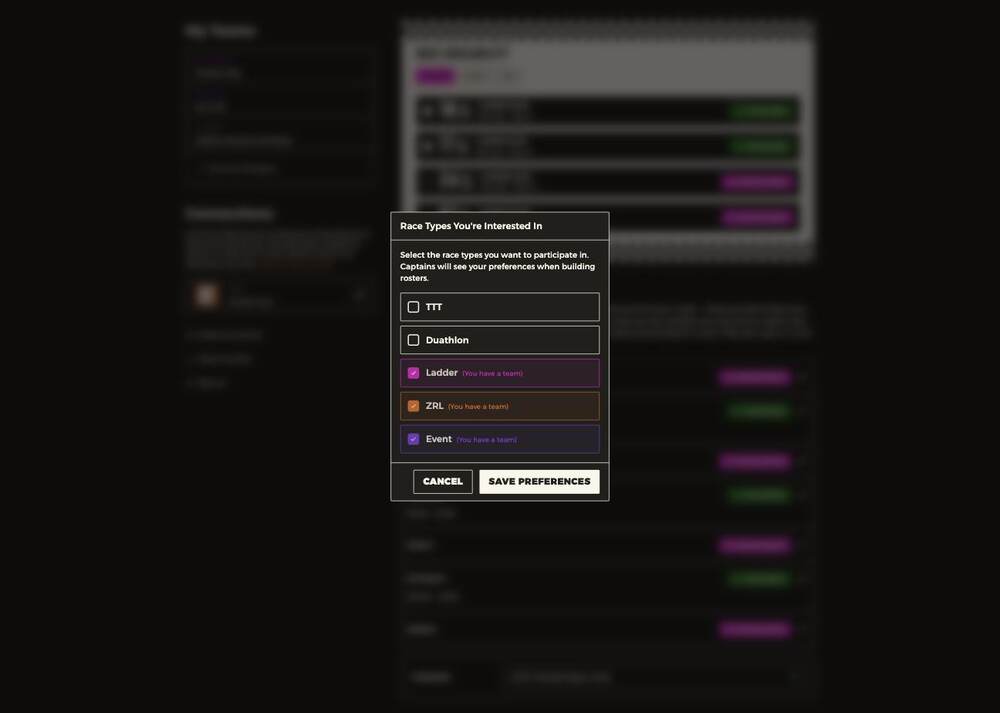 The Race Types You're Interested In modal with checkboxes per race type