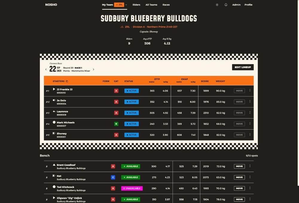 The My Team page showing team header, race selector, starters and bench