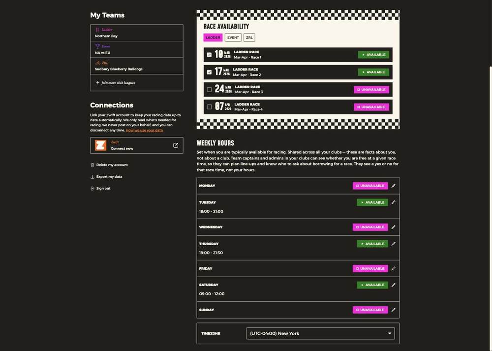 The Weekly Hours panel showing each day with a time range, and the timezone dropdown