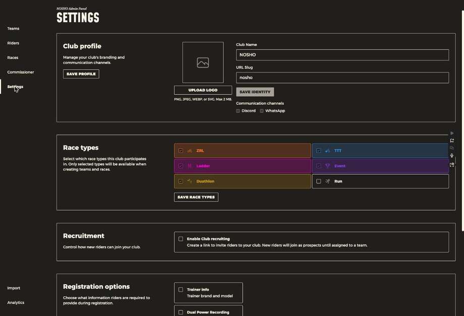 The admin settings page showing club profile, race types and recruitment