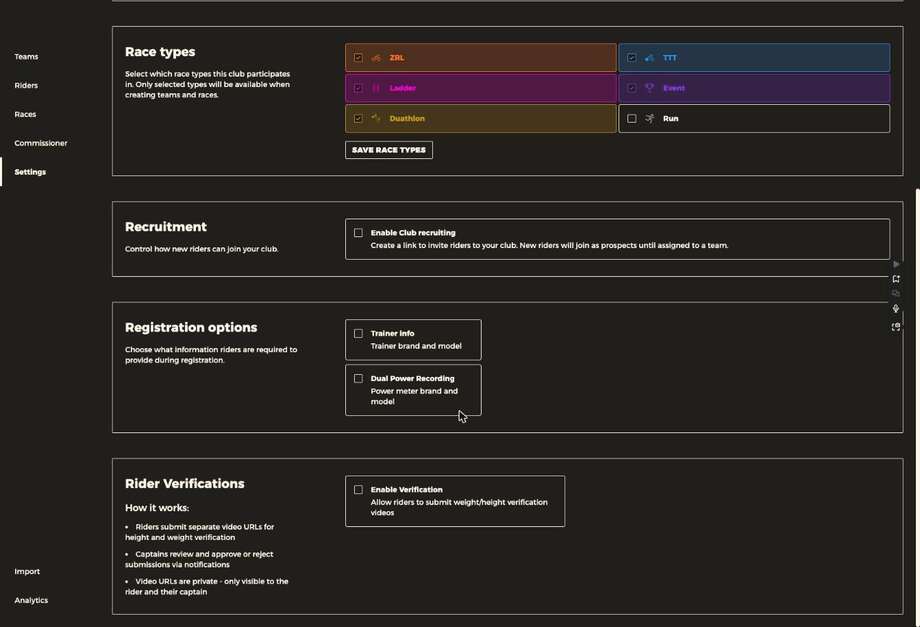 The settings page showing registration options and rider verifications